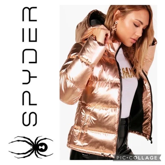 Spyder Alyce Puffer Jacket Metallic Rose Gold Hooded Full Zip‎ Winter Coat XL - Picture 1 of 12